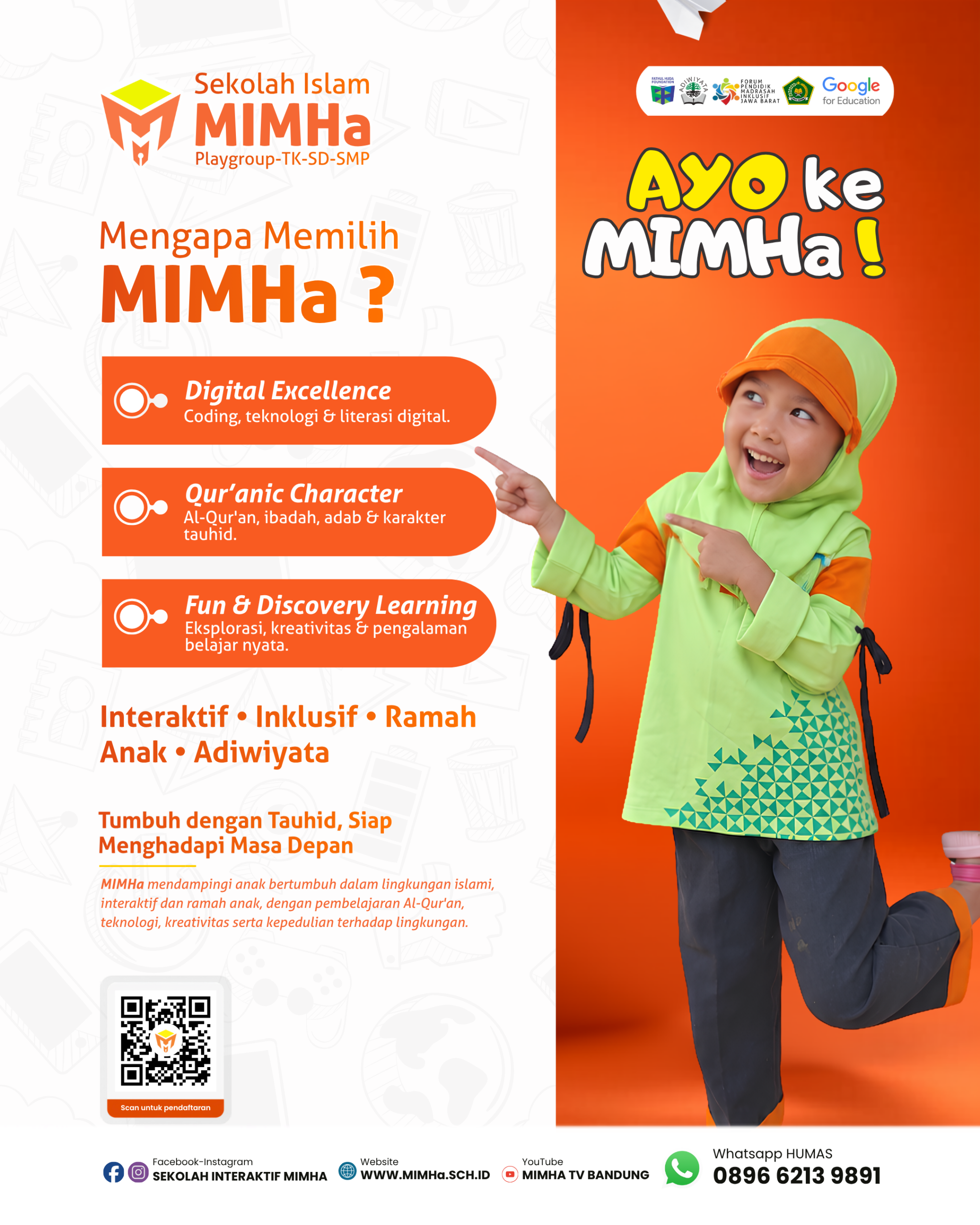 Brosur Sekolah Islam MIMHa Bandung jenjang PG RA TK, MI SD dan MTs SMP Informatika.